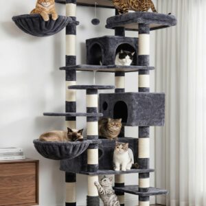 Hey-brother Cat Tree, 74 inches Multi-Level XL Large Cat Tower for Indoor Cats with Three Cat Condos, Two Large Top Decks and Cat Hairbrushfor Kittens, Cats and Pets, Smoky Gray MPJ035-MG