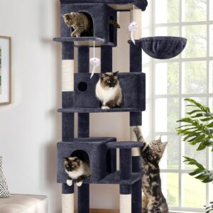 Globlazer Corner Cat Tree 66 inch Multi-Level Climbing Tower Kitty Condos Cat Scratching Tower for Indoor Multiple Cats with Large Platform, 3 Cat Caves, F66, Dark Grey