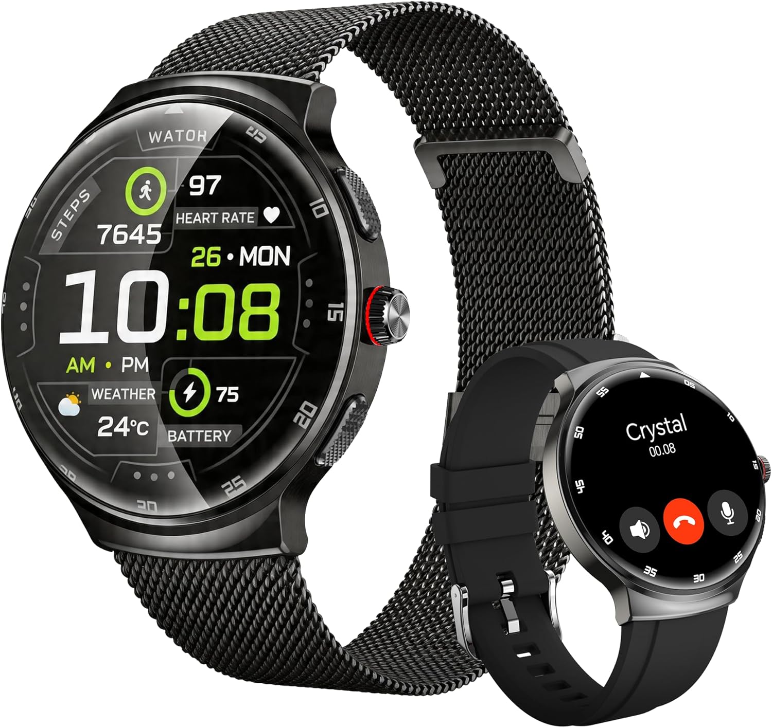 Smart Watches for Men Women, 1.43'' AMOLED Touchscreen Smartwatch for Android & iPhone, 150+ Sports Modes, Waterproof Fitness Tracker, Heart Rate/SpO2/Stress/Sleep Monitor, 2 Bands, Black