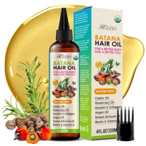 AKBAN Hair Growth Oil with 100% Pure Batana, Castor, Rosemary & Pumpkin Seed Oils – Infused with Biotin, Keratin & Vitamin E – Strengthening & Thickening Treatment for Healthy Hair – 4 FL OZ