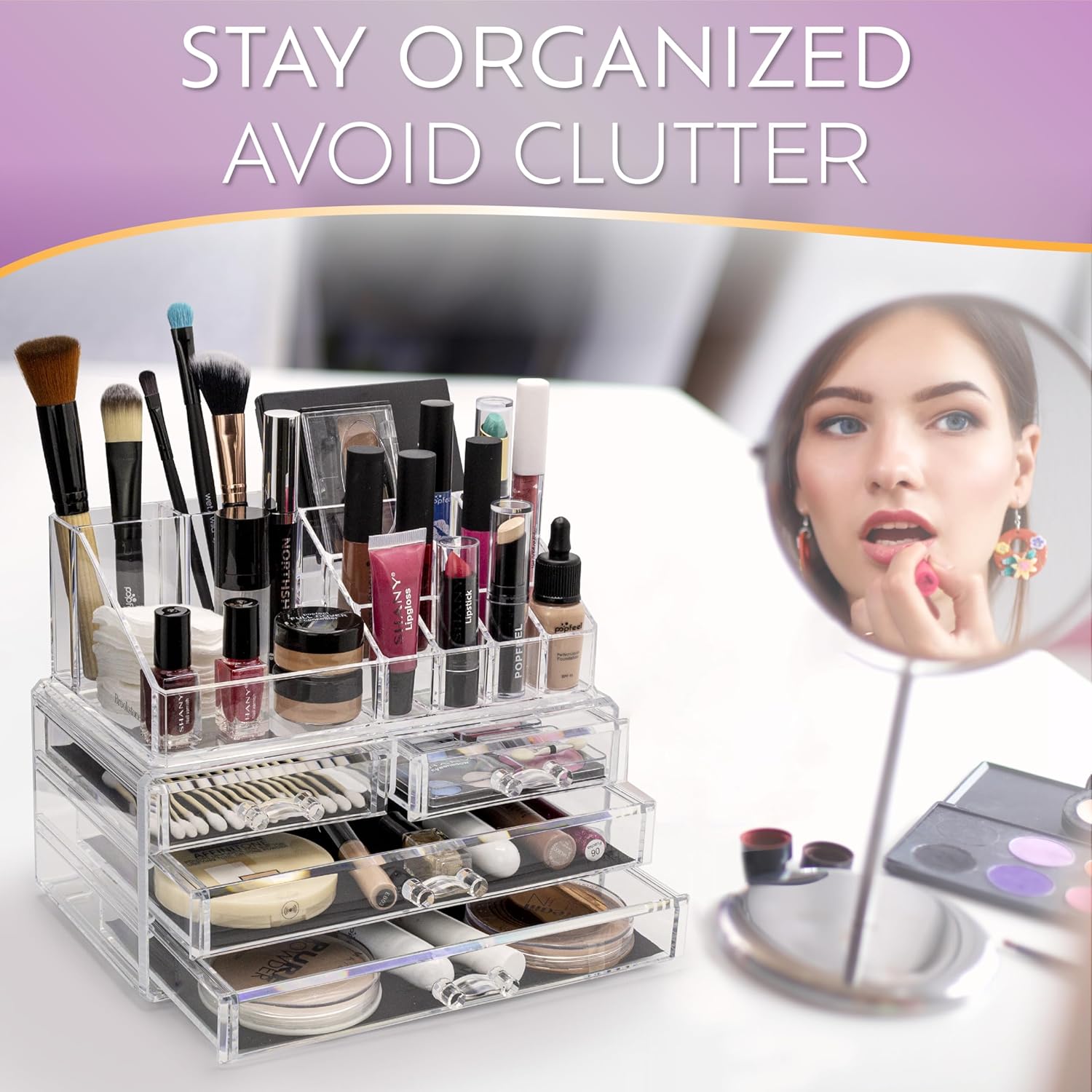 Brookstone Makeup Organizer Case - Countertop Storage With Drawers, Acrylic Cosmetic Display Box, Vanity Organizer and Makeup Holder For Accessories - Image 2