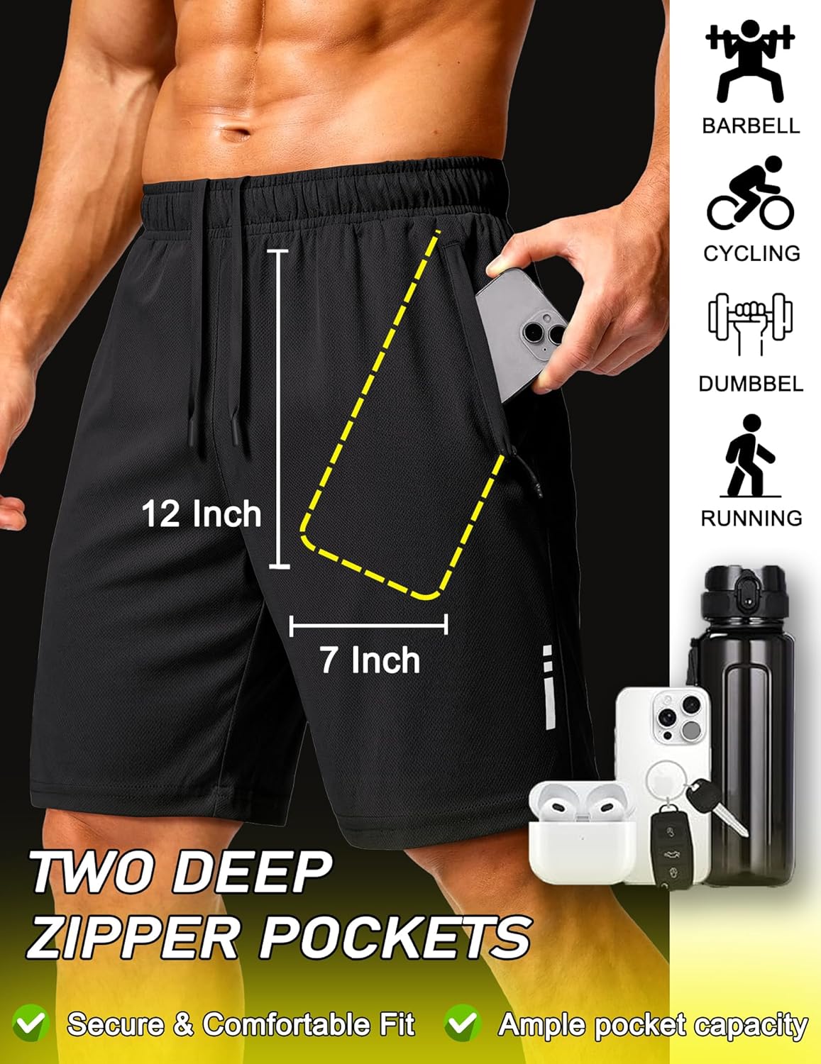 COOFANDY Mens Athletic Running Shorts 9" Lightweight Quick Dry Drawstring Mesh Gym Shorts with Zipper Pockets - Image 6