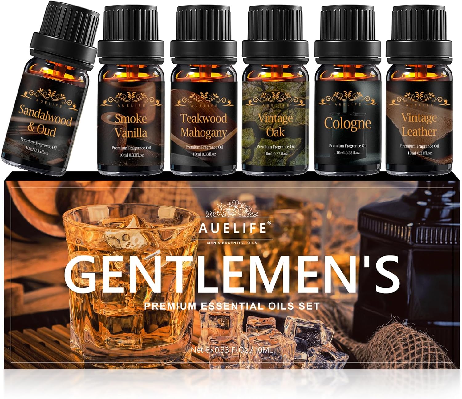 Men Essential Oils Set for Diffuser, Father's Day Gift for Men - 6x10ml Masculine Fragrance Oils for Candle Making, Scented Oil Gift Set, Mahogany, Sandalwood, Cologne, Smoke Vanilla, Oak, Leather