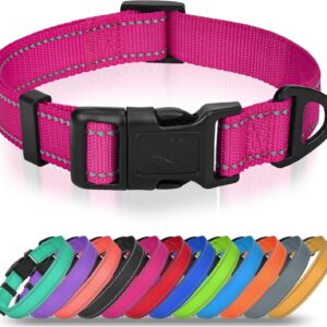 Joytale Dog Collars for Small Dogs, Feather-Light Double-Sided Reflective Nylon Collar for Night Safety, Adjustable Quick-Release for Growing Puppies, Hotpink, S (5/8″ Width)