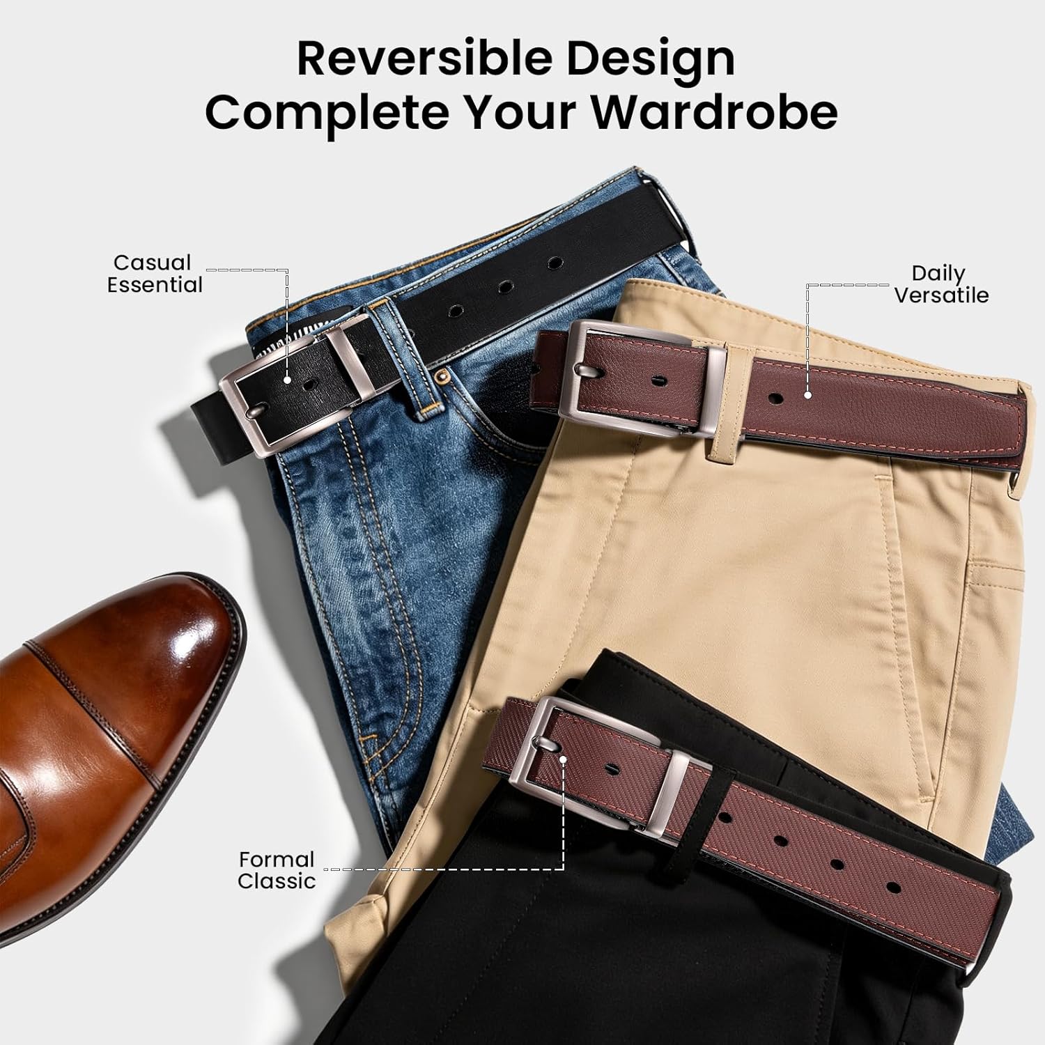 LMUGOOS 3-Pack Men's Reversible Genuine Leather Belt, Adjustable & Cuttable 1.2" for Dress & Jeans, Ideal Gift for Men - Image 2