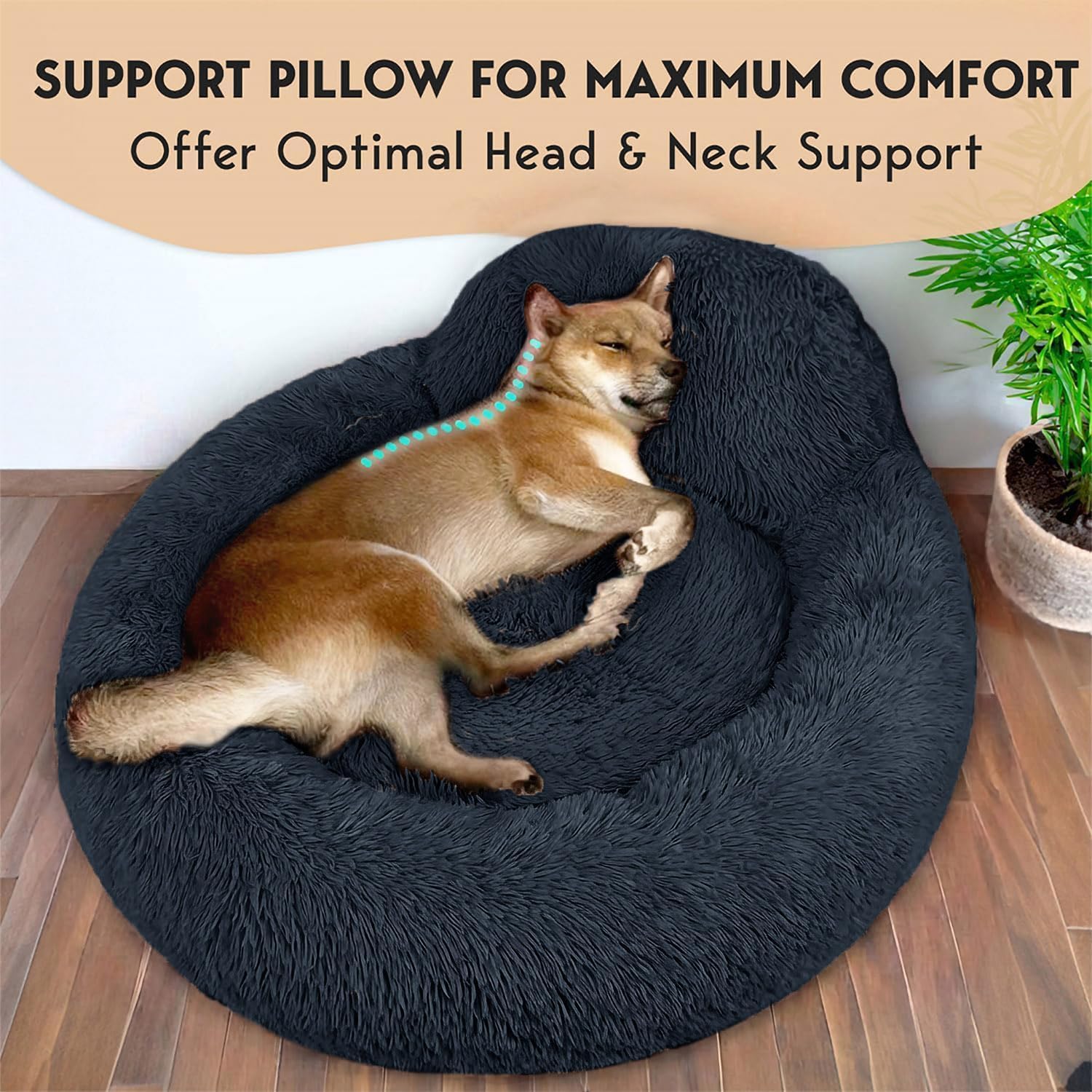 PetJett Calming Dog Bed Medium Size Dog - 30'' Donut Bed, Washable Dog Bed, Anti-Slip & Super Soft Fluffy Plush Round Dog Bed, Anti-Anxiety Premium Comfort Pet Bed, Fits Dogs Upto 45 lbs - Dark Grey - Image 2