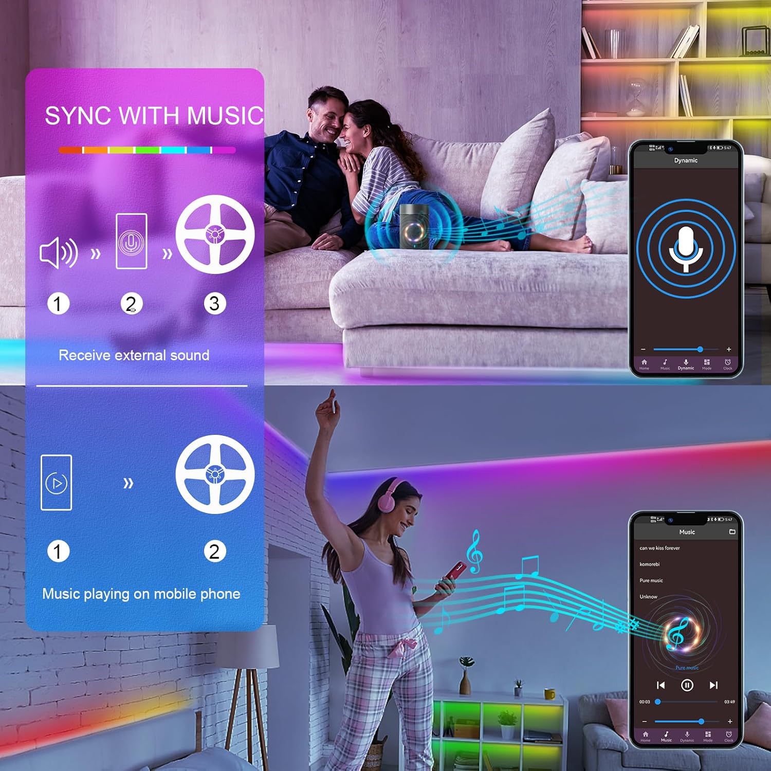 HBOWMDJIA 100ft Led Lights for Bedroom, Led Strip Lights Music Sync Corlor Changing, Led Light Strip with Remote & App Control RGB Strip, Led Lights for Room Dorm Home Classroom Ceiling Decor - Image 3