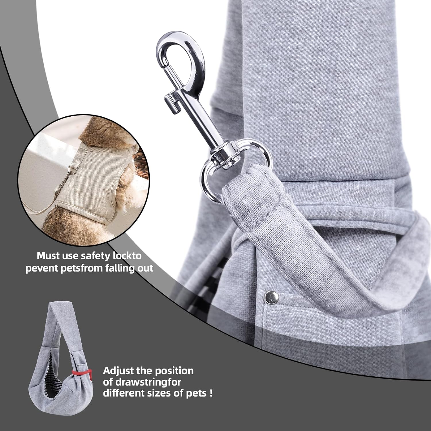 Dog Carrier Sling - Reversible Puppy Carrier Purse with Storage Pocket, Hand-Free Dog Sling Carrier for Carry Small Dogs and Cats, Travel Safety Harness, Dog and Cat Harness (Gray) - Image 6