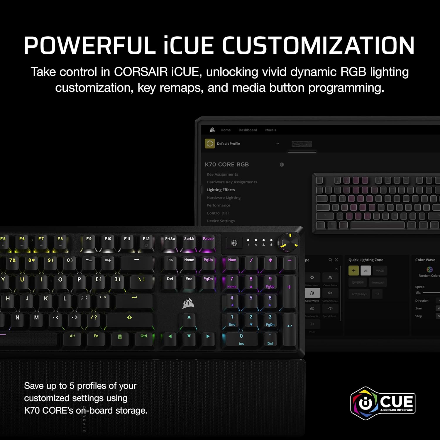 CORSAIR K70 CORE RGB Mechanical Wired Gaming Keyboard with Palmrest – Pre-Lubed MLX Red Linear Switches, SOCD, ABS Double-Shot Keycaps, Sound Dampening, Media Control Dial, QWERTY NA – Black - Image 7