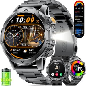 2026 Smart Watches for Men with 1000 mAh, 1.53″ HD Display Military Smart watch, LED Torch, Answer/Make Calls, 120+Sports Modes, Heart Rate, Sleep Monitor, SpO2, IP68 Waterproof, iOS Android(3 Straps)