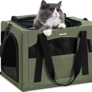 Pecute Cat Carrier Stable, Pet Carrier with Hidden Anxiety Relief Partition & Stable Steel Frame, Safe Cat Carrier for Car Travel, Soft-Sided Dog/Cat Carrier Bag for Pets Up to 11lbs, Green