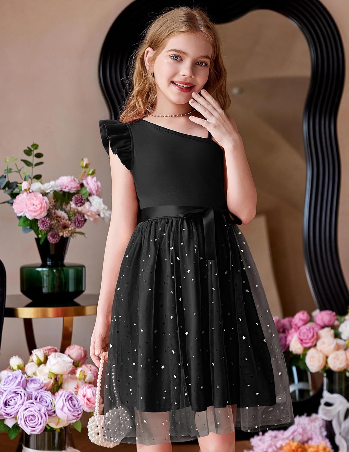 Arshiner Girls Dresses Summer One Shoulder Ruffle Sleeveless Formal Fancy Party Birthday Tulle Dress with Belted - Image 2