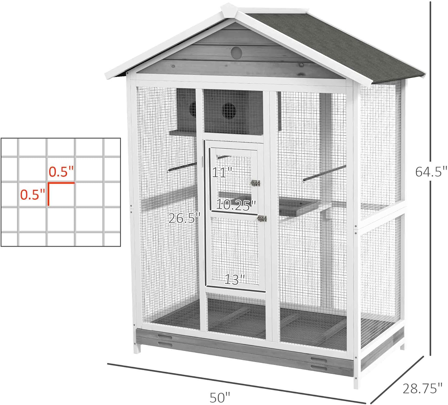 PawHut 64.5" Wooden Bird Cage Aviary, Flight Cage with 4 Perches, Nest and Slide-Out Tray for Indoor/Outdoor, Gray - Image 7