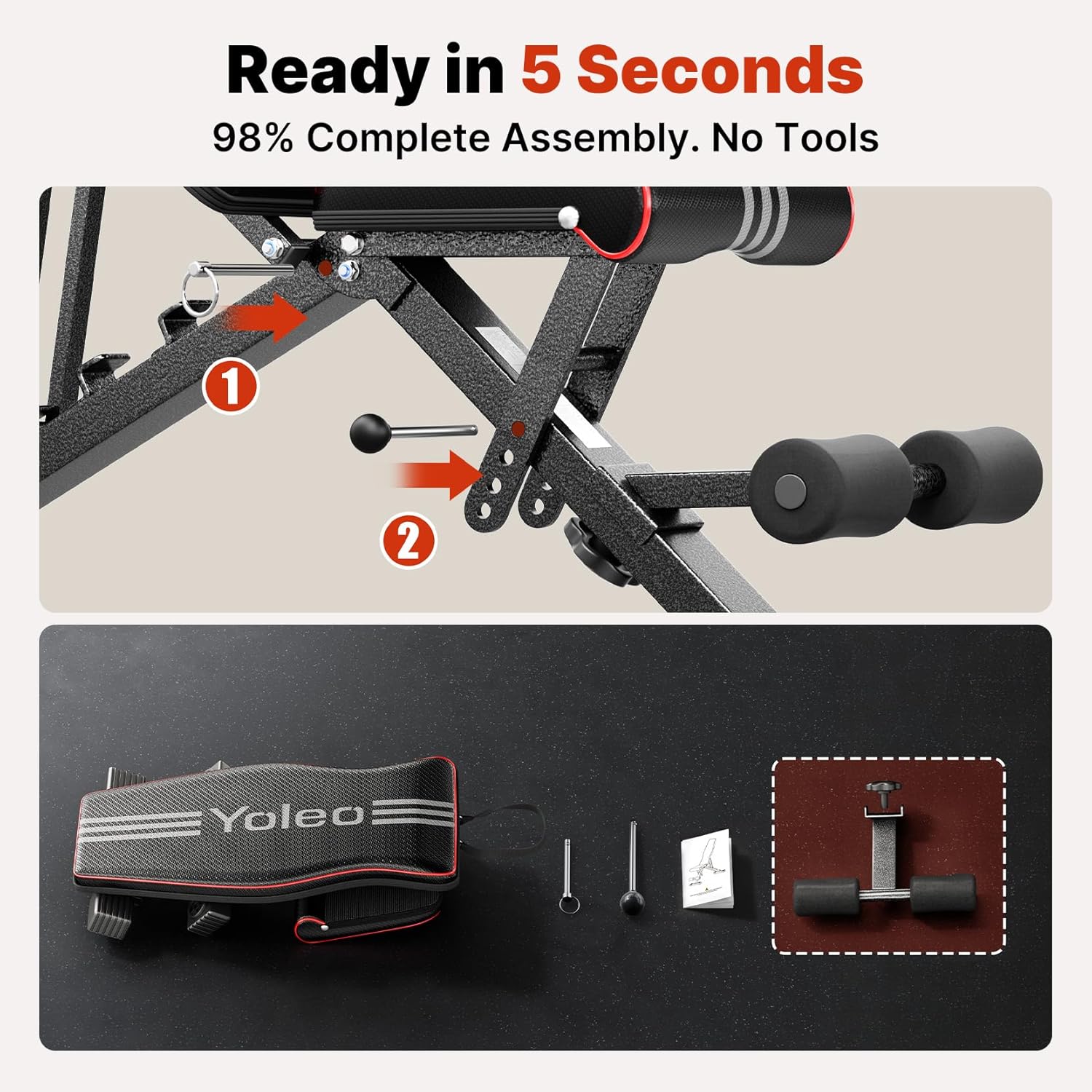 YOLEO Adjustable Weight Bench for Home Gym, ASTM-Certified 827LBS, 98% Pre-Assembled, Foldable Gym Bench with 84 Positions Incline Decline Flat, Wider Seat - Image 3