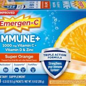 Emergen-C Immune+ Triple Action Immune Support Powder, BetaVia (R), 1000mg Vitamin C, B Vitamins, Vitamin D and Antioxidants, Super Orange – 30 Count