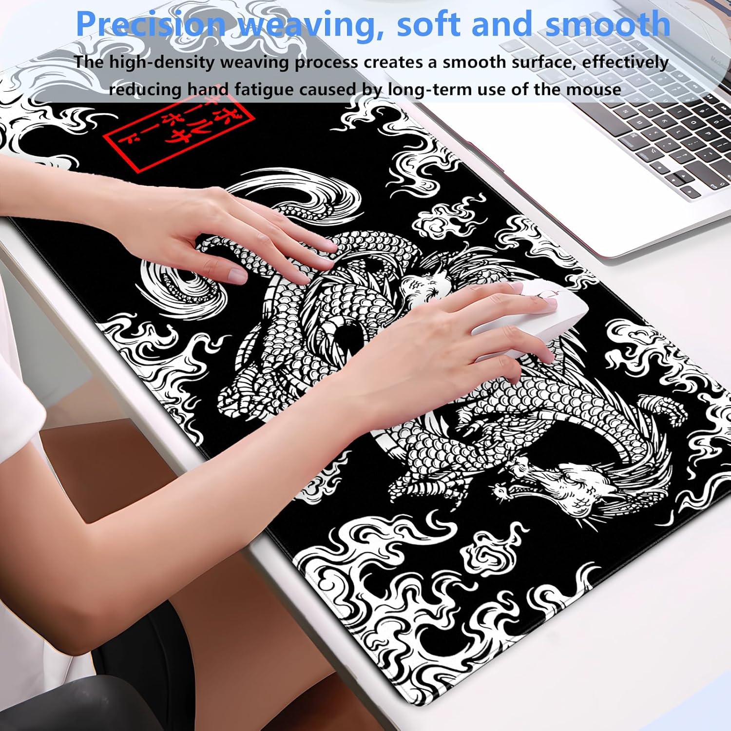 Black and White Mouse Pad Extra Large Gaming Mousepad XL Dragon Desk Mats Japanese Full Desk Keyboard Mat Computer Pad Desk Matt with Stitched Edges Non-Slip Desktop Mat 31.5 x15.7 in - Image 4