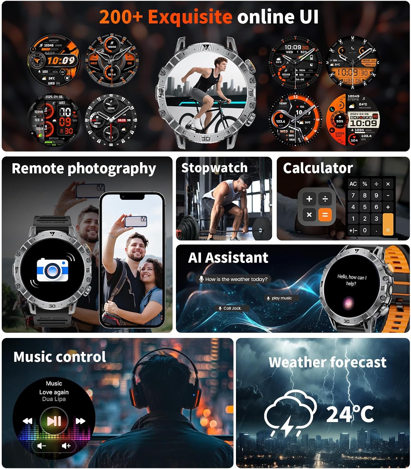 Military Smart Watch for Men(3 Bands),1000mAh /1.7" HD Large Display Smart Watches with LED Flashlight for Android iOS (Call Answer/Calls)Fitness Tracker with Heart Rate/Sleep Tracking/IP68 Waterproof - Image 9