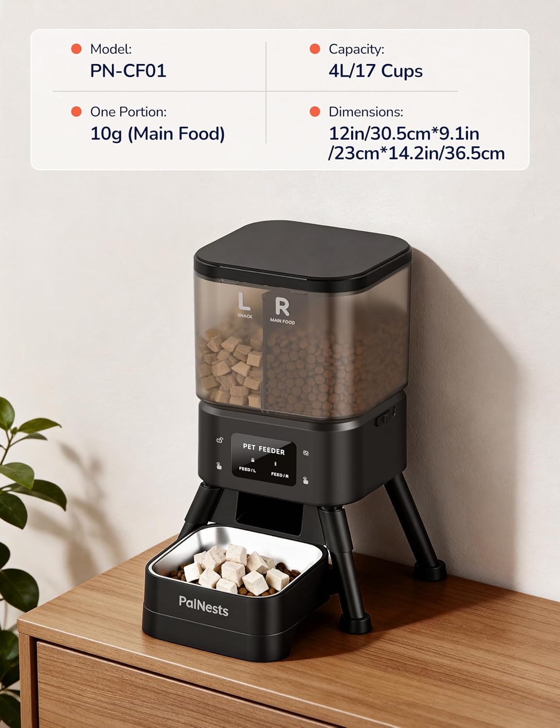 Dual Chamber Automatic Cat Feeder, Smart WiFi Pet Food Dispenser with 2.4&5G WiFi App, Custom Schedule & Portion Control for Dry Food and Treats, 4L, Black - Image 7