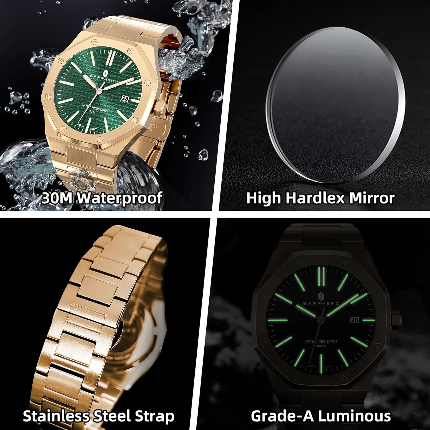 SAPPHERO Watches Men Octagonal Stainless Steel Waterproof Analog Japanese Quartz Wrist Watch Date Classic Business Luxury Watches for Men Elegant Gifts - Image 5