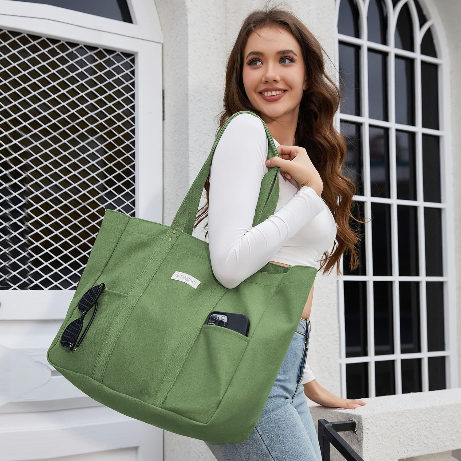 HOMESPON Large Canvas Tote Bag for Women Everything Bag with Pockets and Laptop Sleeve - Image 2