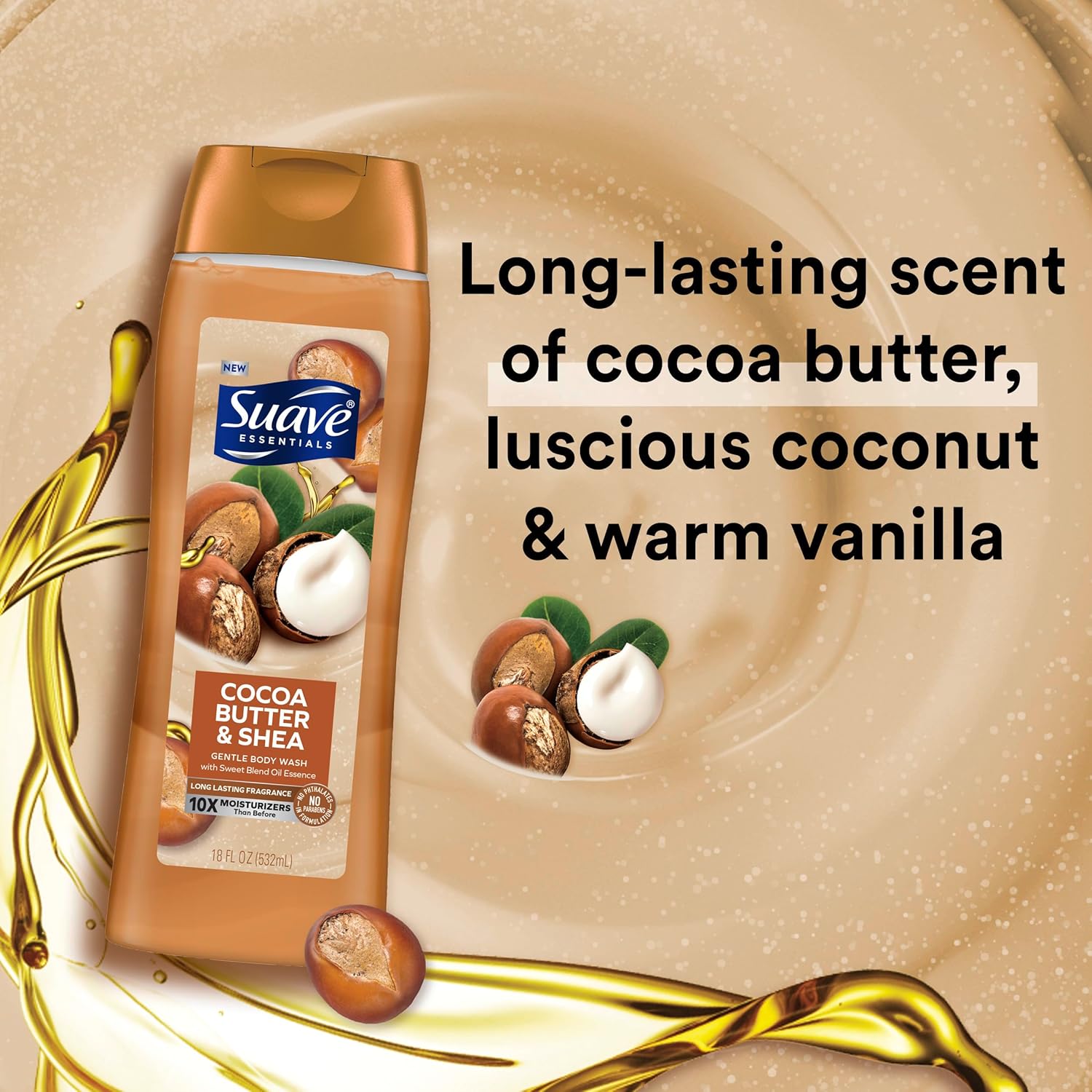 Suave Moisturizing Body Wash, Cocoa Butter and Shea with Vitamin E Extract, No Parabens, No Phtahaltes, 18 Oz Pack of 6 - Image 2