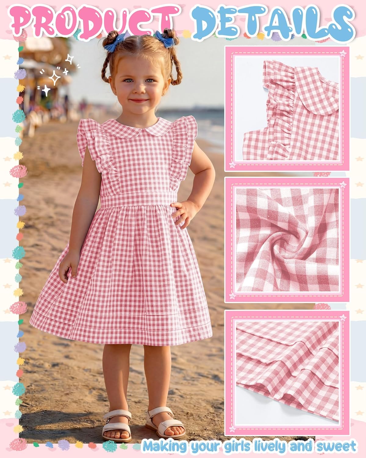 Yooo's Vivi Toddler Girls' Dress Gingham Midi Baby Plaid Dress Ruffle Sleeves Doll Collar Summer Outfits with Zipper 18M-5T - Image 5
