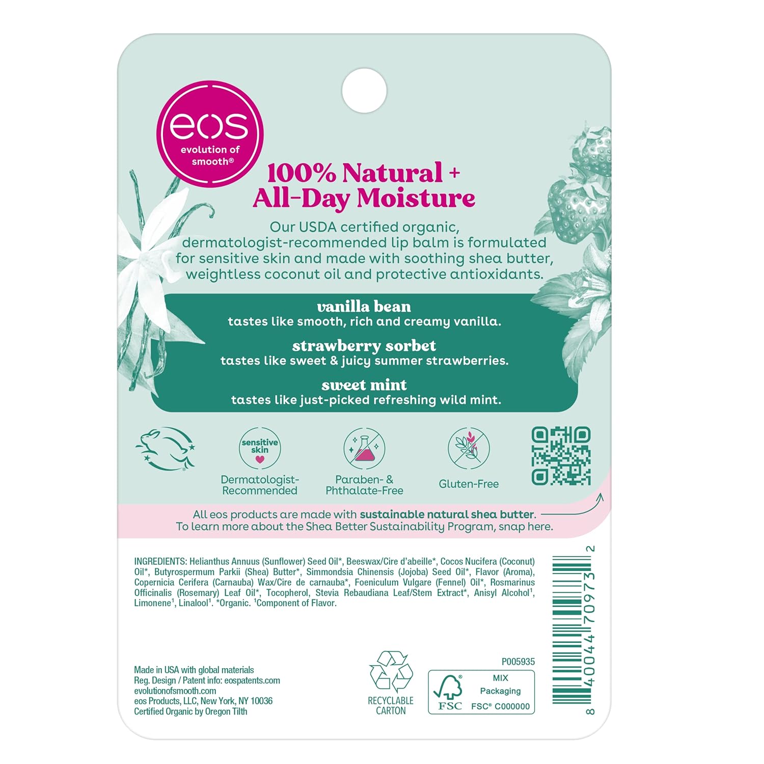 eos 100% Natural & Organic Lip Balm Trio- Vanilla Bean, Sweet Mint, & Strawberry Sorbet, Made for Sensitive Skin, Lip Care Products, 0.14 oz, 3-Pack - Image 7