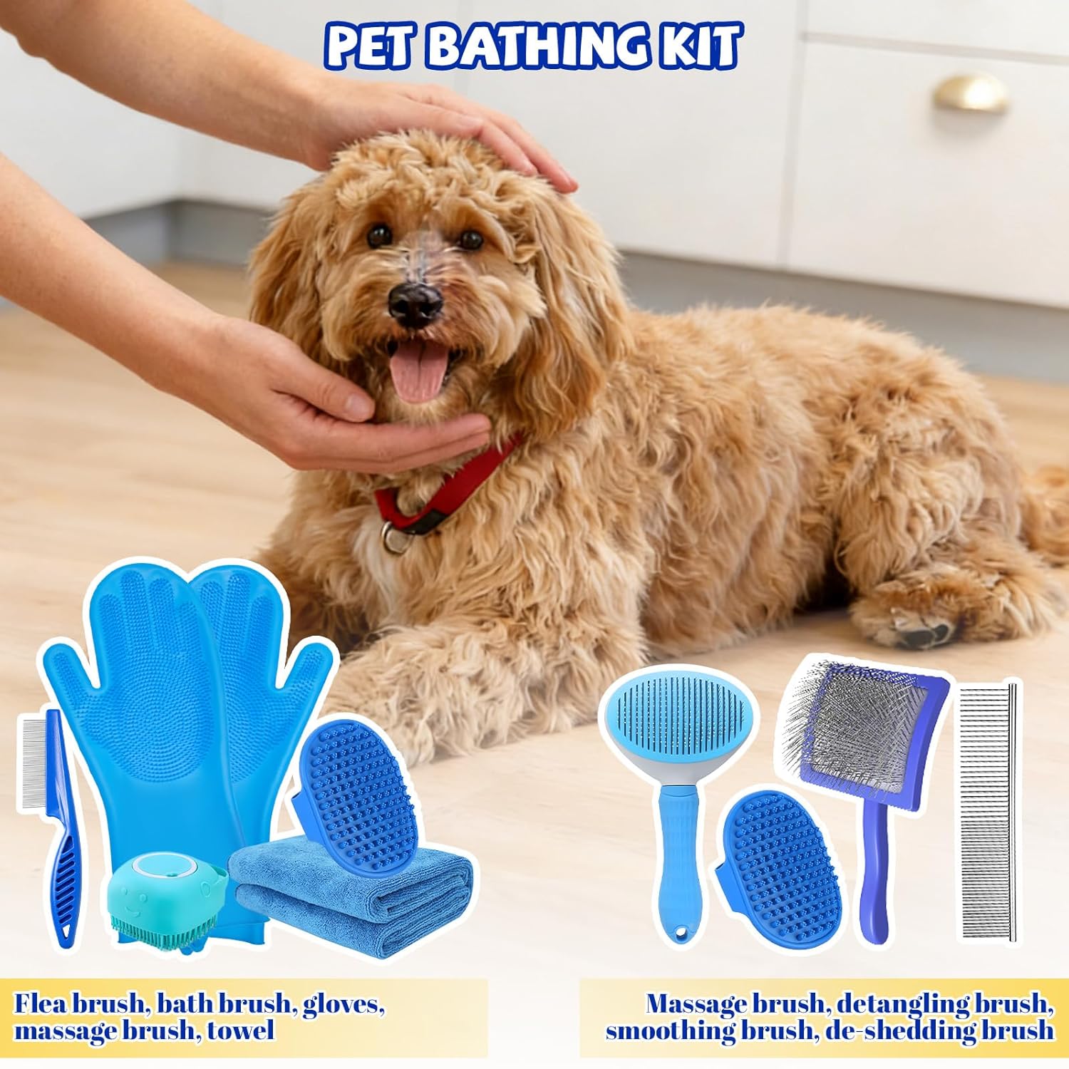8PCS Dog Slicker Brush for Dogs Grooming Kit,Bath Grooming Kit for Pets,Hair Brush Set with Towel,Washing Gloves,Slicker Comb,and Shampoo Scrubber Brush for Small and Large Dogs and Cats(Blue) - Image 3