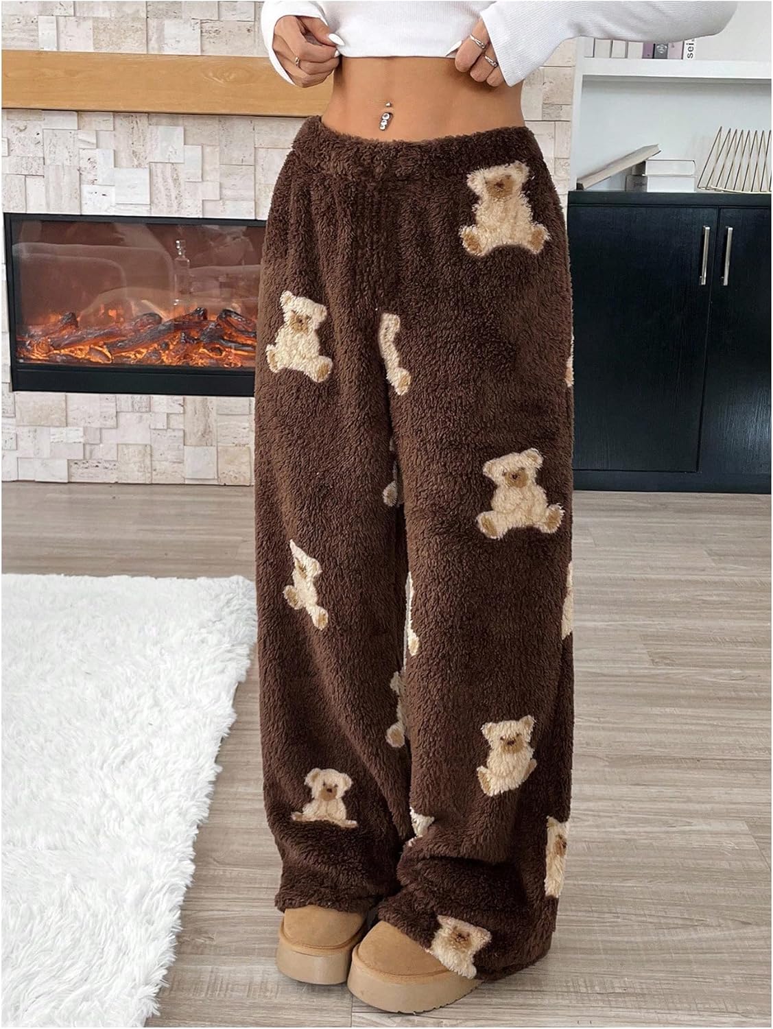 Verdusa Girl's Comfy Pants Fall Winter Clothes Cartoon Bear Fuzzy Baggy Pants Wide Leg Fleece Trousers - Image 3