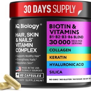 Biotin 10,000 mcg Supplement for Hair Growth with Collagen & Keratin for Hair Loss & Thinning Hair – Hair Skin and Nails Vitamins for Women & Men – Healthy Regrowth, Skin Glow & Nail Repair – 60 Caps