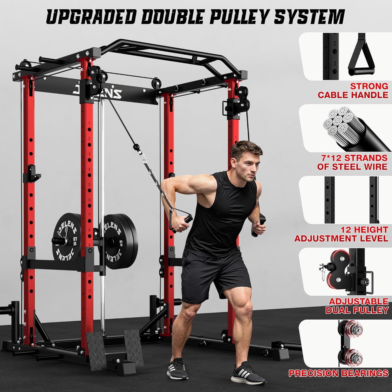 JELENS C12 Squat Rack for Home Gym, 2000LBS Power Rack with Adjustable Pulley System, Power Cage Workout Equipment with LAT Pulldown and Training Attachment - Image 3