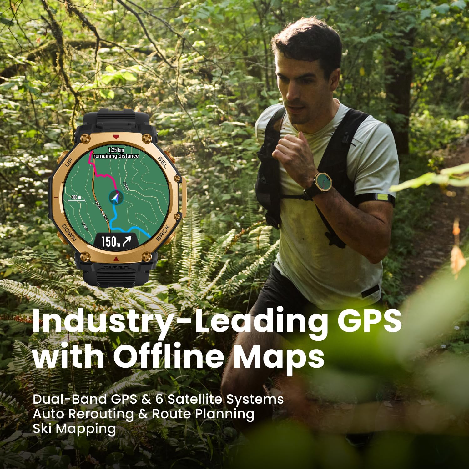 Amazfit T-Rex 3 Pro Outdoor Smart Watch 48mm Sapphire AMOLED Display, Ti Bezel, Dual Band GPS, Offline Maps, 25 Days Battery, Built-in Flashlight, 10 ATM, 180+ Sports Mode for Android & iPhone, Black - Image 3