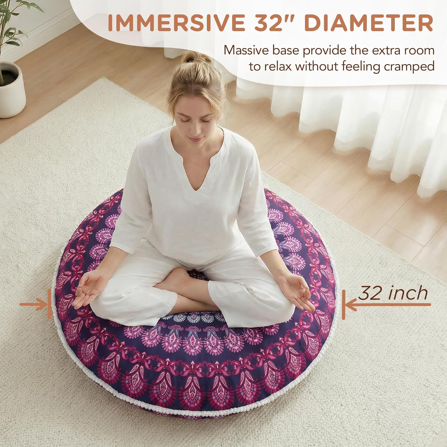 Codi Meditation Floor Pillow Set of 2, Round Large Pillows Seating for Adults, Bohemian Mandala Circle Cushion for Outdoor Fireplace Yoga Living Room, 32 Inch, Memory Foam Added, Purple Orchid NEW - Image 2