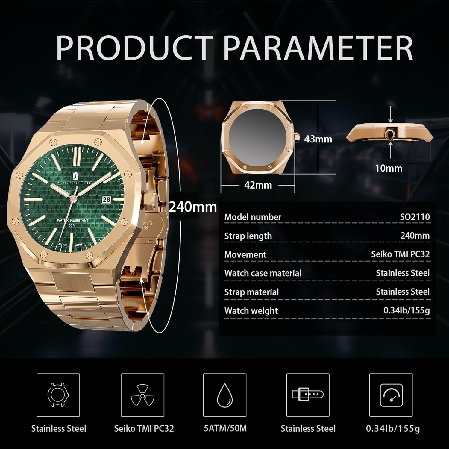 SAPPHERO Watches Men Octagonal Stainless Steel Waterproof Analog Japanese Quartz Wrist Watch Date Classic Business Luxury Watches for Men Elegant Gifts - Image 6