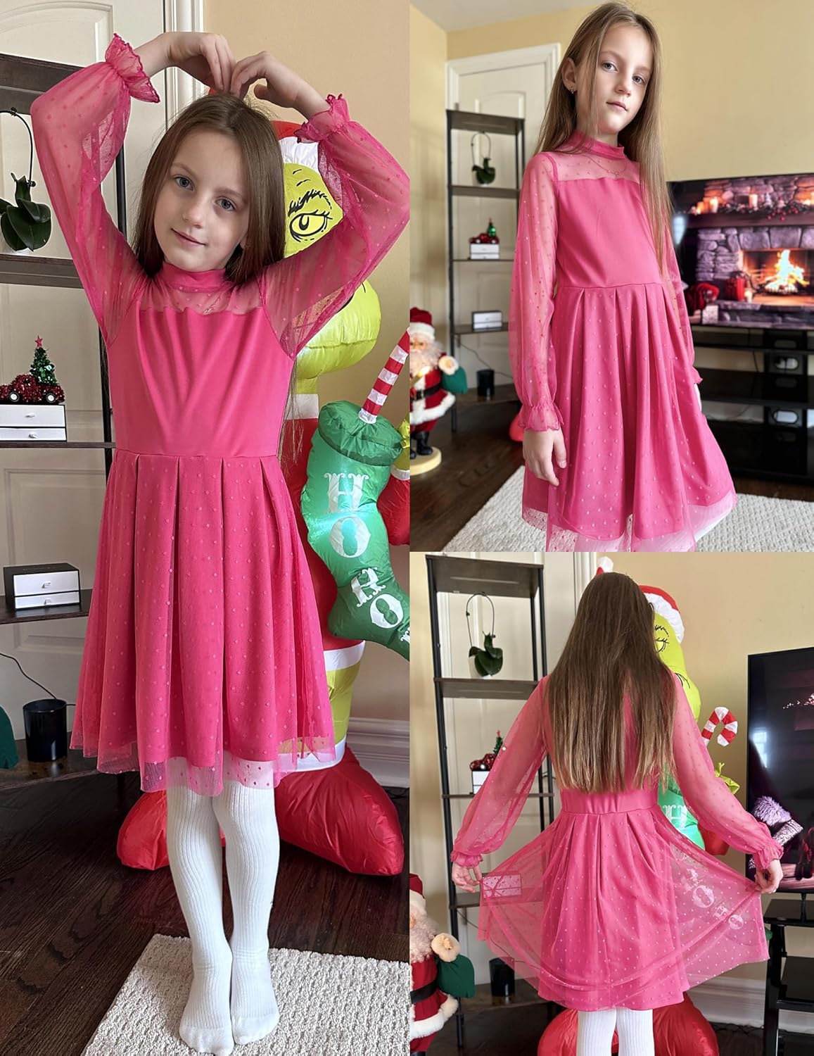 Arshiner Girls Dresses Contrast Mesh Puff Long Sleeve Mock Neck Formal Party A Line Short Tulle Dress - Image 5