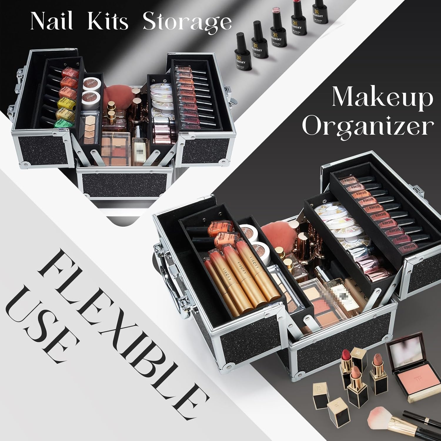 FRENESSA Makeup Train Case Portable Makeup Case Organizer Cosmetic Box Make Up Box Makeup Organizer Cosmetic Storage Cases with Locking Nail Kit Organizer Travel Case Black - Image 3