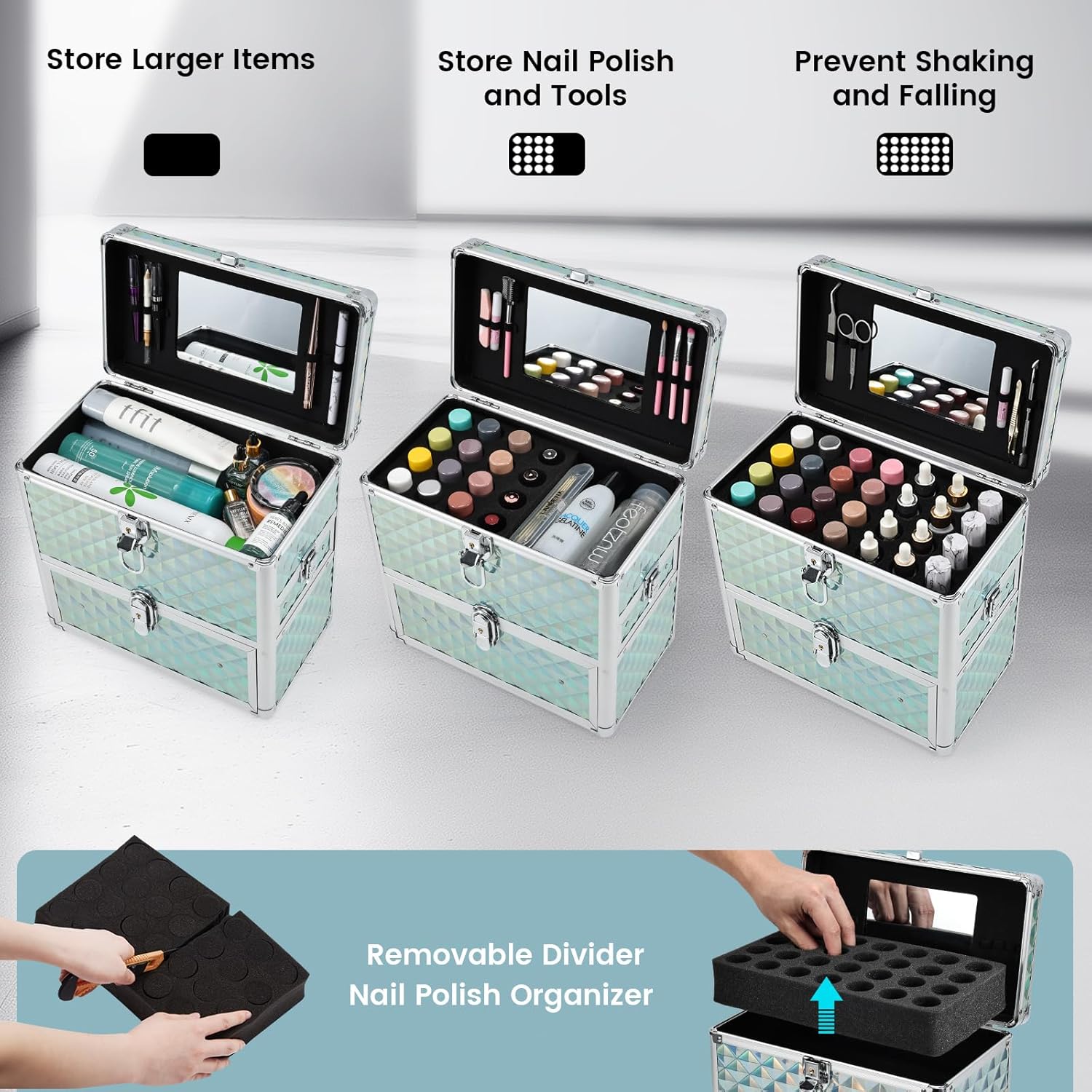FRENESSA Extra Large Makeup Organizer Case Cosmetic Box Storage with Drawer Mirror Nail Manicure Accessory Organizer With Dividers Travel Nail Art Case for Makeup Artist Nail Tech Case Watery Blue - Image 4