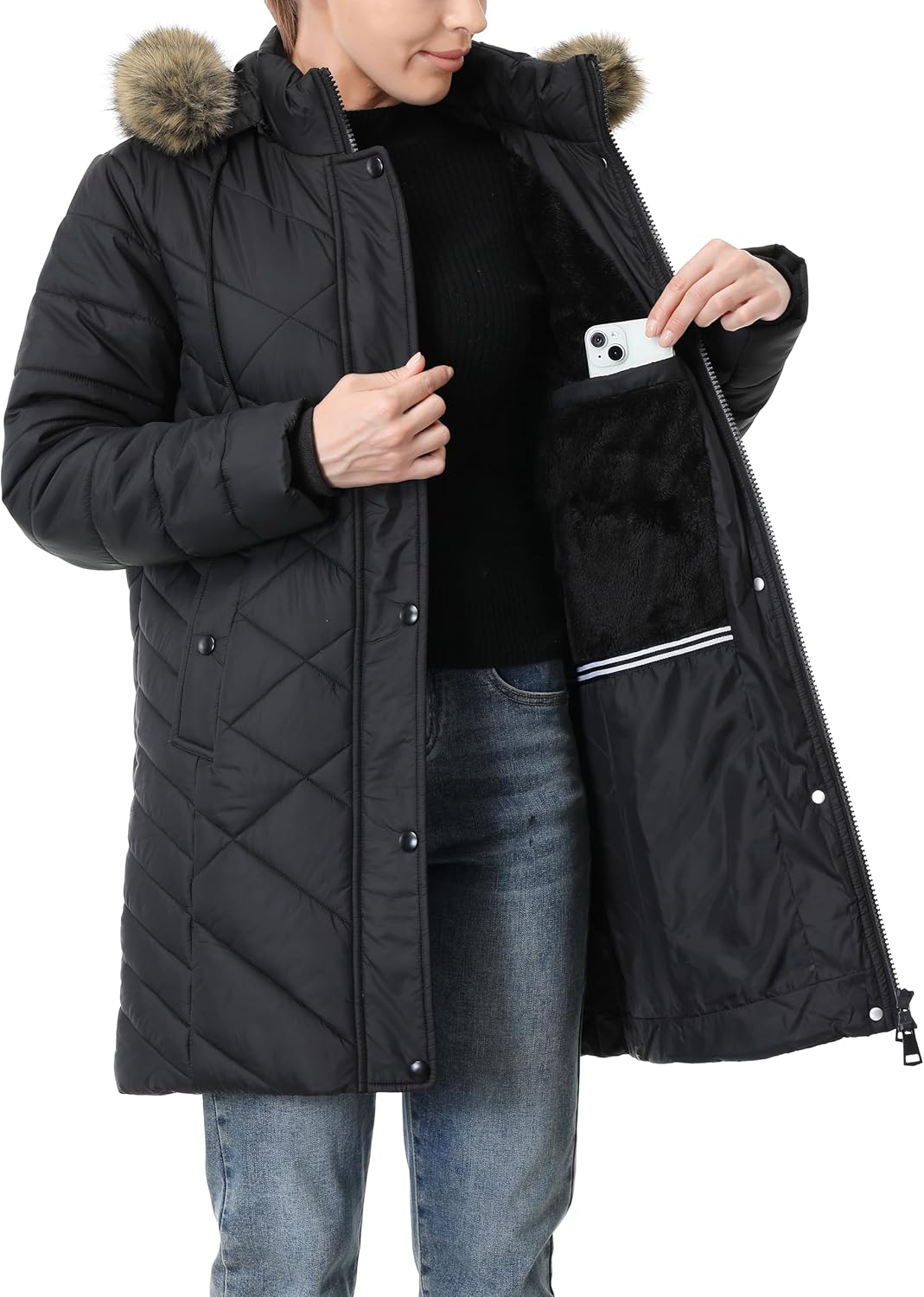 Women's Long Warm Winter Coat Windproof Thickened Fleece Lined Down Jacket Waterproof Puffer Outerwear with Removable Hood - Image 7