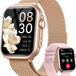 Smart Watch for Women for iPhone Android: 1.85″Smartwatch with Make/Answer Call Sleep Heart Rate SpO2 Blood Pressure Monitor IP68 Waterproof 120+Sport Mode Fitness Tracker 1000mAh Battery 2Bands Pink