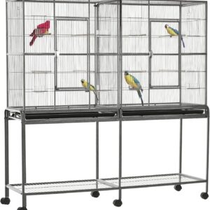 PawHut 65″ Double Rolling Metal Bird Cage with Divider, Large Parrot Cage for Parakeet, Canaries, Lovebirds, Budgie, Finch, with Detachable Rolling Stand, Storage Shelf, Wood Perch & Food Container