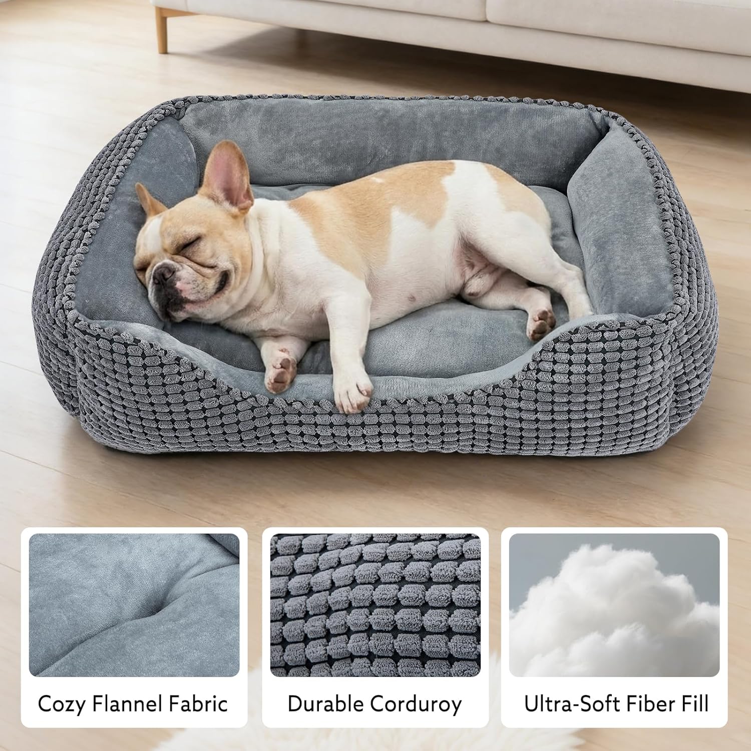 MIXJOY Dog Bed for Large Medium Small Dogs, Rectangle Washable Sleeping Puppy Bed, Soft Calming Cat Beds for Indoor Cats, Orthopedic Pet Sofa Bed, Anti-Slip Bottom with Multiple Size (20'', Grey) - Image 2