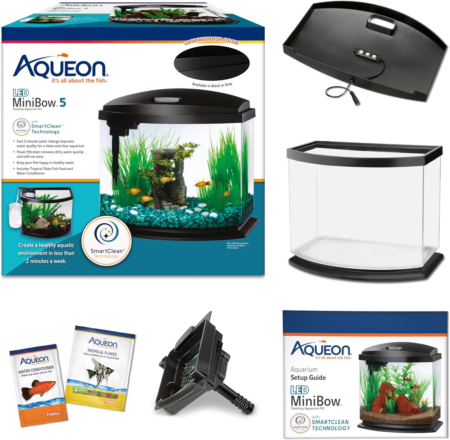 Aqueon LED MiniBow Small Aquarium Fish Tank Kit with SmartClean Technology, Black, 5 Gallon - Image 2