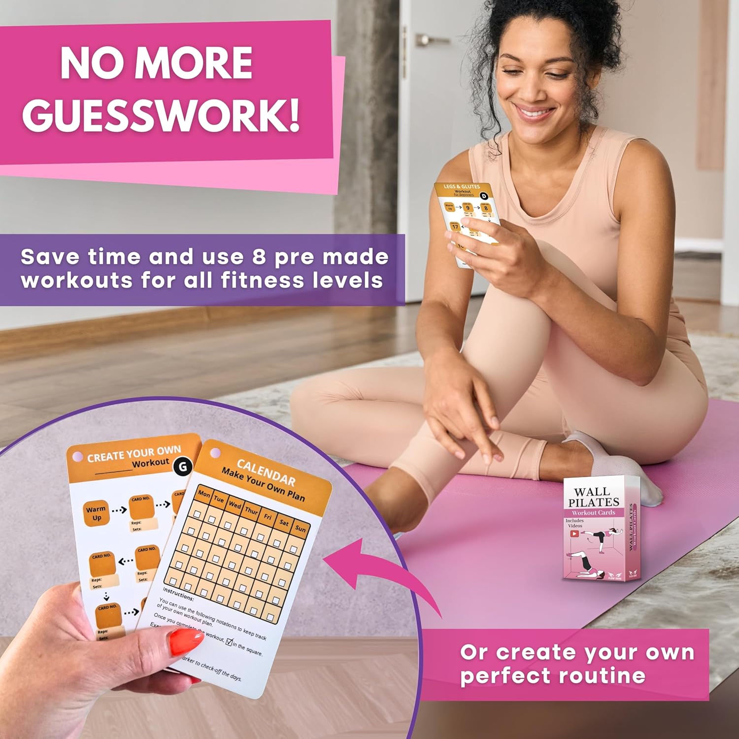 Wall Pilates Workouts for Women – 66 Exercise Cards with Videos & Workout Plan – Includes 5-Week Challenge, E-book, Chart & 2 Rings for Easy Organization – Home Pilates Workout Guide - Image 5