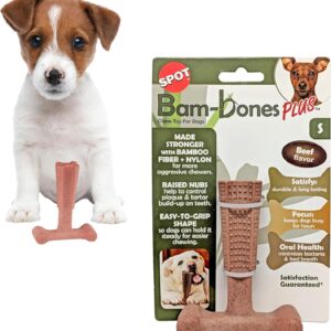 SPOT Bam-Bones Plus T Bone – Bamboo Fiber & Nylon Dog Chew Toy for Moderate to Aggressive Chewers, Durable & Non-Splintering, Long Lasting Beef Flavor Toy for Dogs & Puppies Under 30 lbs, 4 in