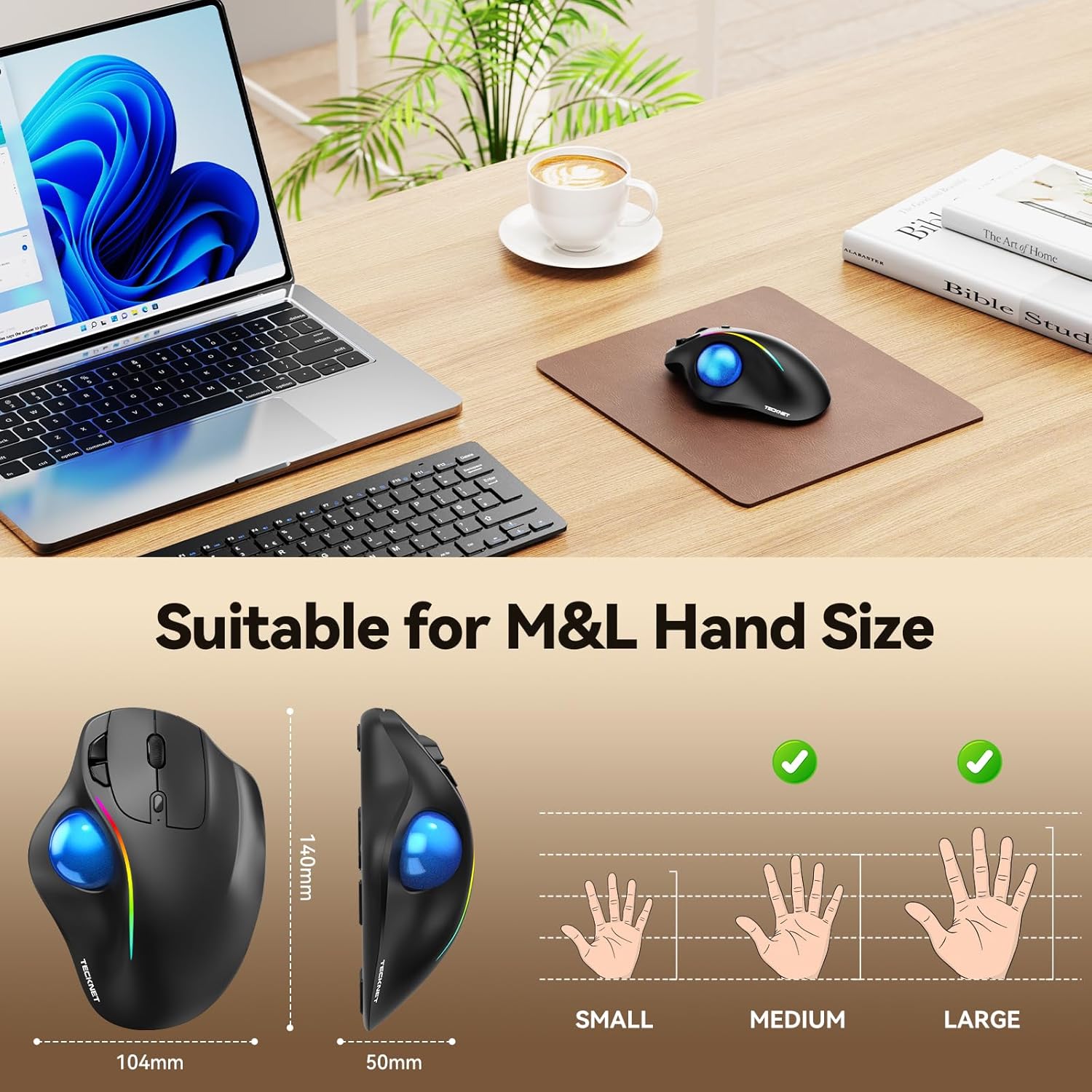 TECKNET Pro Wireless Trackball Mouse, Bluetooth Mouse with Ergonomic Thumb Control, USB-C Rechargeable, RGB Light Mice with Adjustable DPI, 3-Device Connectivity (BT or 2.4G),for PC/Mac/Laptop - Black - Image 7