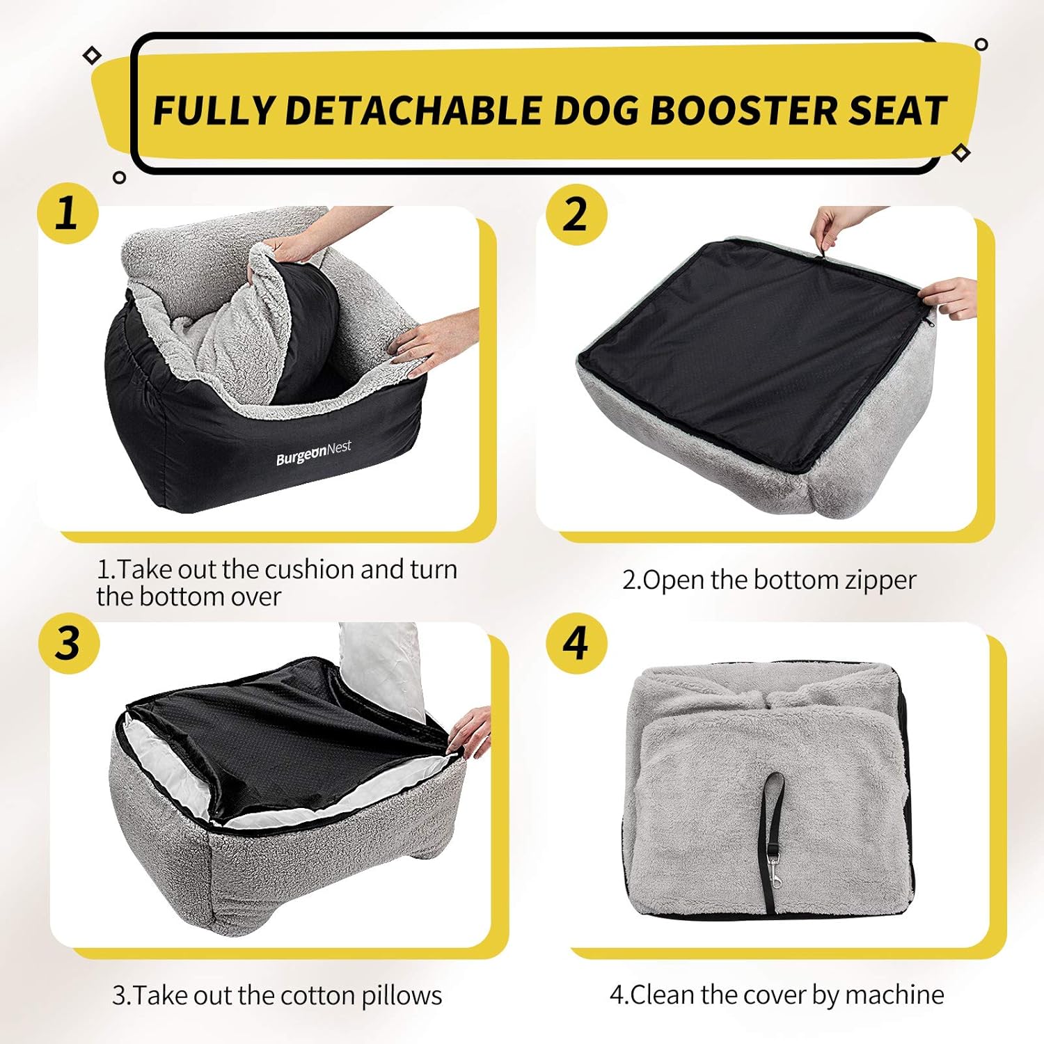 BurgeonNest Dog Car Seat for Small Dogs, Soft Pet Car Travel Home Bed Under 25 lbs, Fully Detachable and Washable Cat Booster Carseats with Storage Pockets and Clip-On Leash Portable Carrier,Black - Image 6