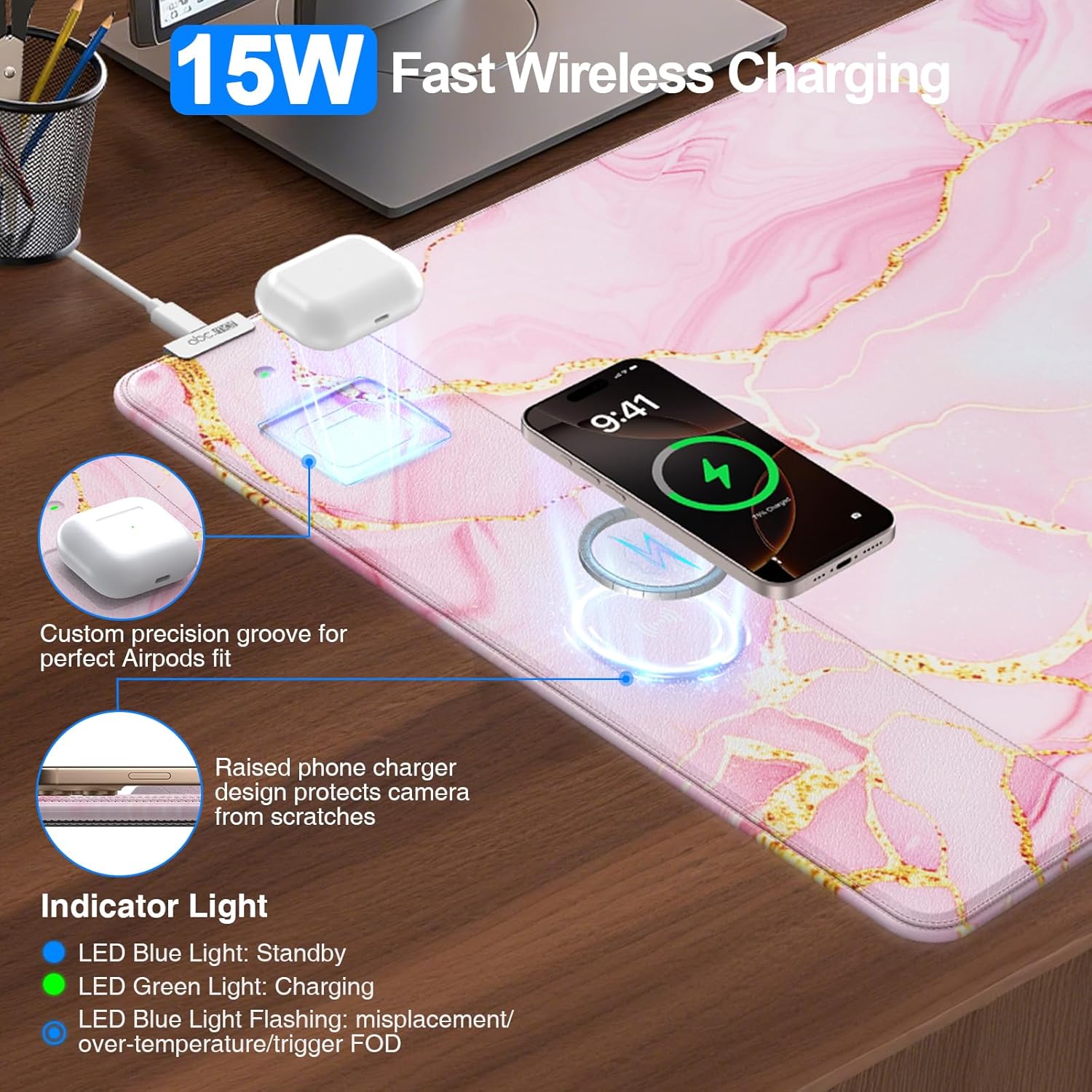 Pink Marble Mouse Pad with 15W Wireless Charging, 31.5"x15.8" Large Gaming Desk Pad/Mat for Women Girls, Waterproof Ultra-Smooth Surface, Non-Slip Base, with 20W PD Adapter - Image 2