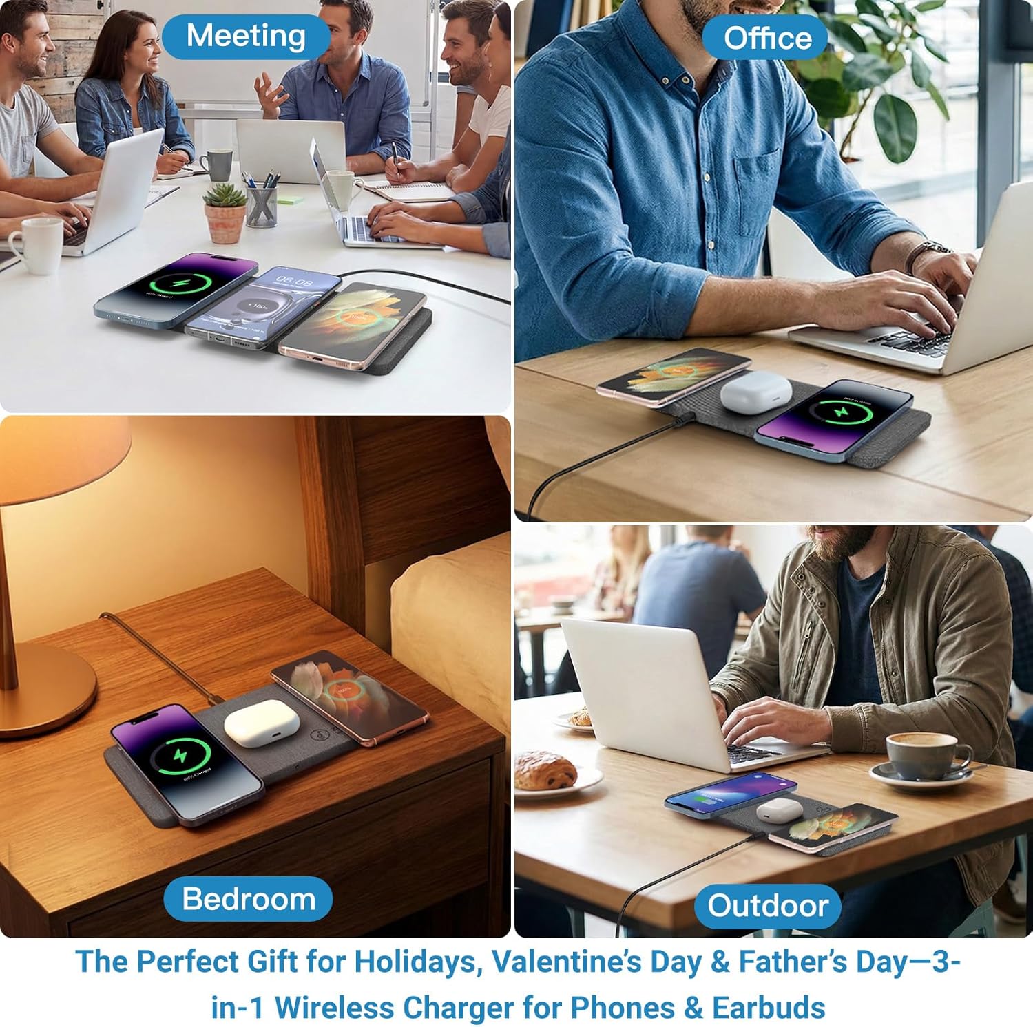 ZealSound Wireless Charging Pad, 3 in 1 Charger Mat for iPhone, Samsung Galaxy, Pixel, AirPods & Galaxy Buds, 24W Adapter Included, Ultra Slim, Case Friendly, PU Leather, Home Office & Travel, Gray - Image 7