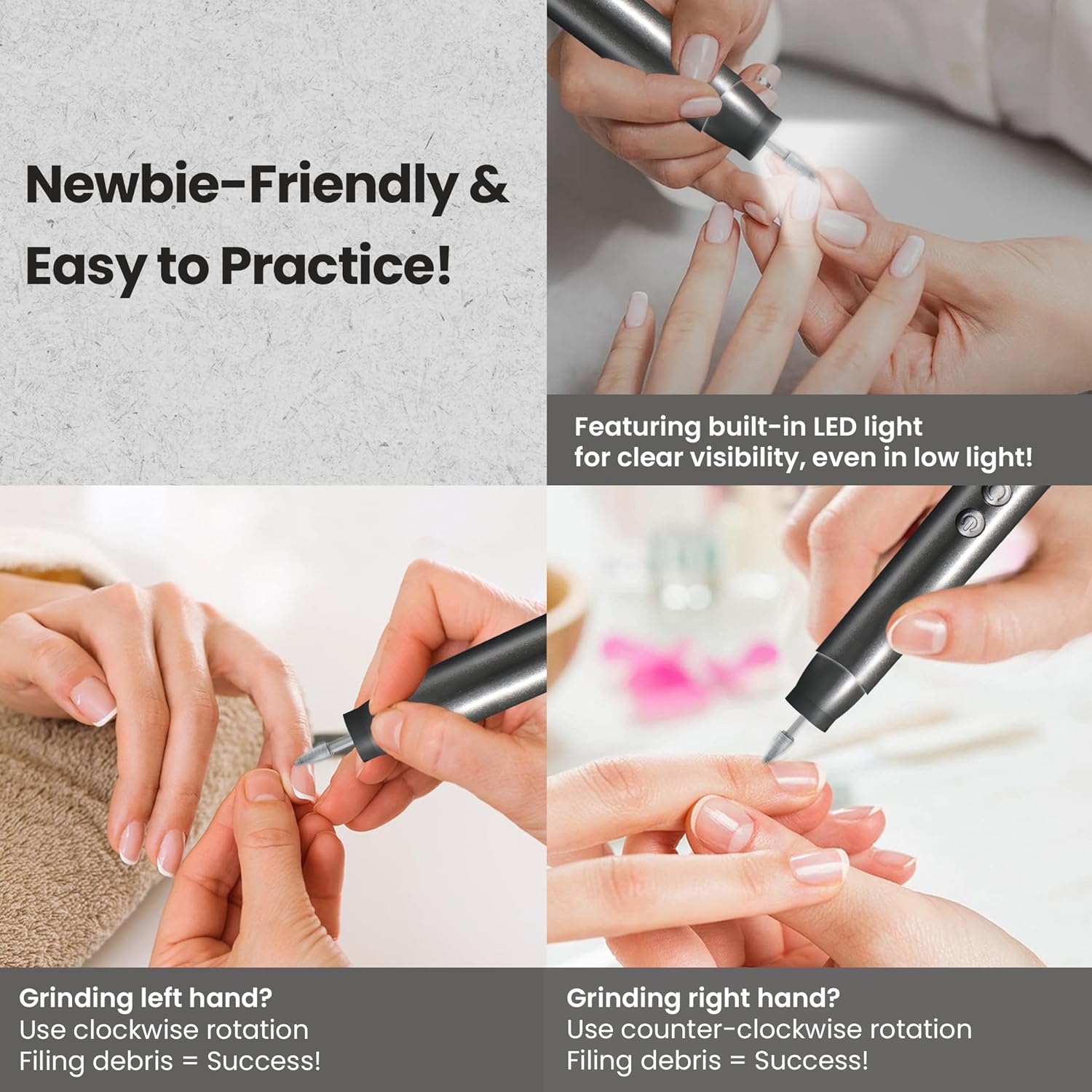 Beginner Nail Drill Kit (Ideal for Nail Beginners!) – Easy & Gentle Practice for Home Learning, 5 Adjustable Speeds with LED Light, Cordless Rechargeable, Lightweight Grip (Grey) - Image 2