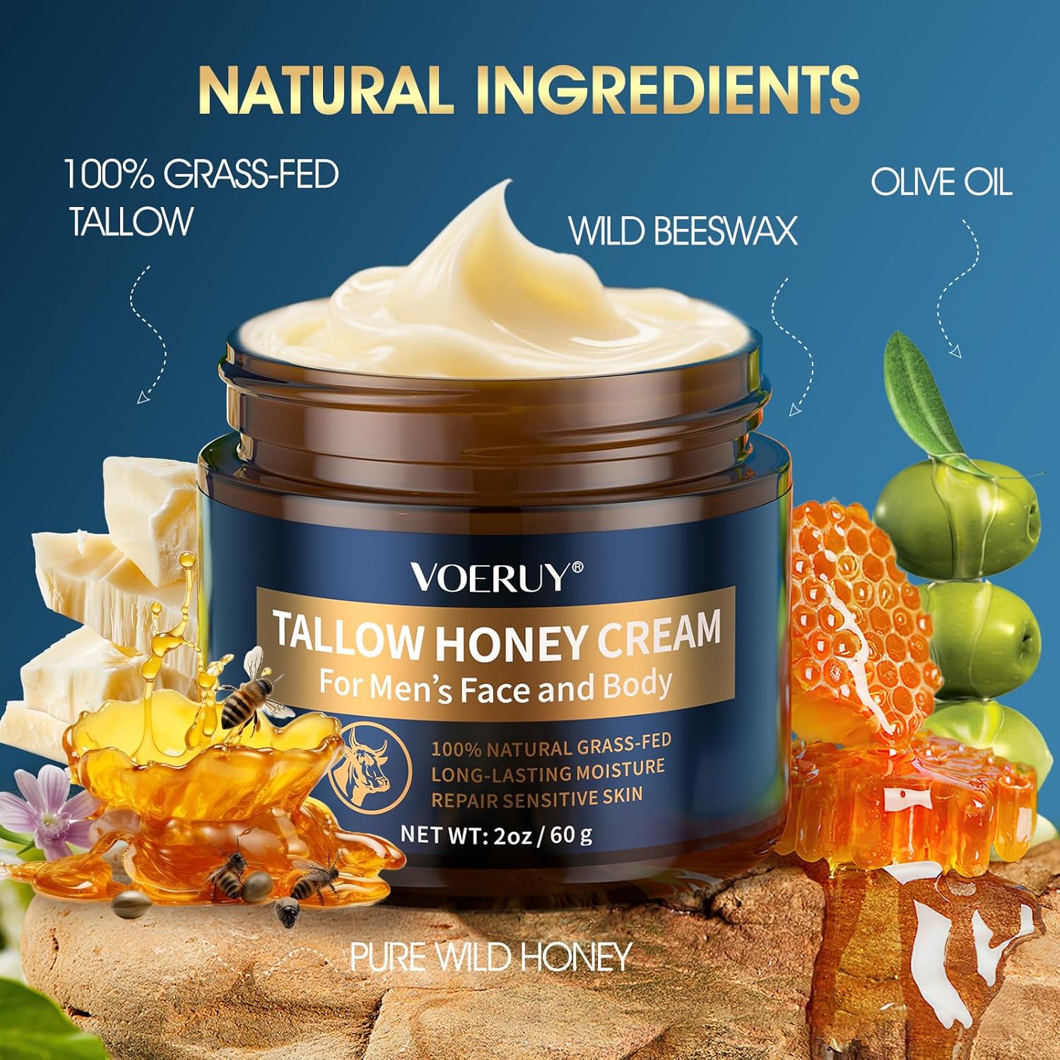 VOERUY Mens Face Moisturizer Cream - Anti Aging & Wrinkle for Men with Tallow Balm & Raw Honey, Natural Grass-Fed Tallow Moisturizer for Face, Facial Skin Care & Eye Lotion - Day & Night, 2oz/60g - Image 2
